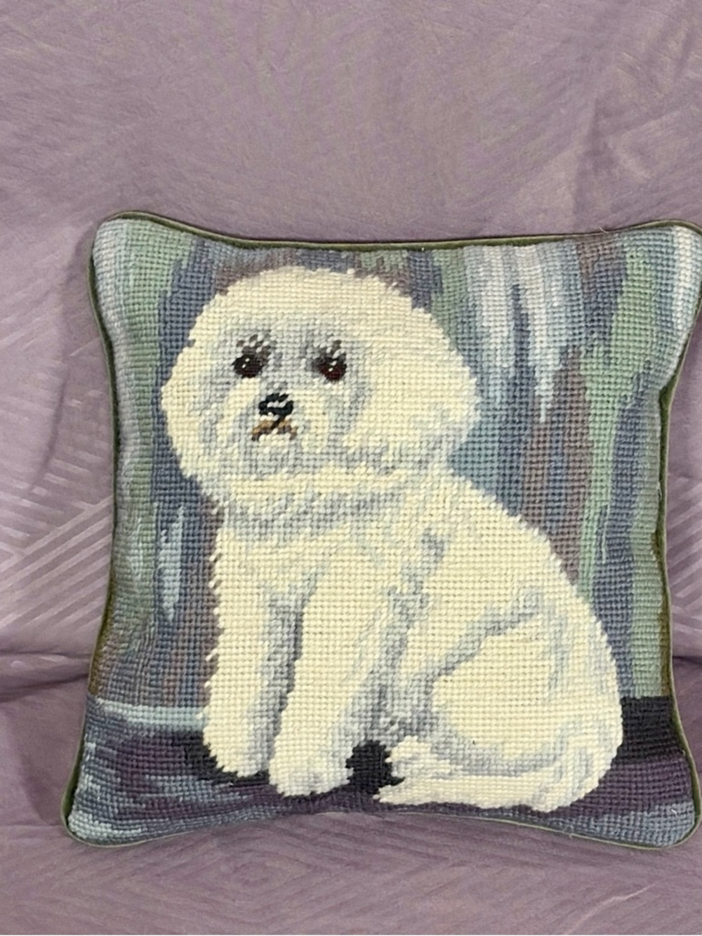 Needlepoint Bichon Dog Pillow Green Velvet 10” Decorative Cushion Zipper